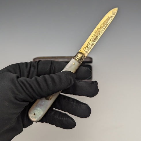 1888 British Antique White Pearl Shell Handle Pure Silver Blade Folding Pen Knife in Case
